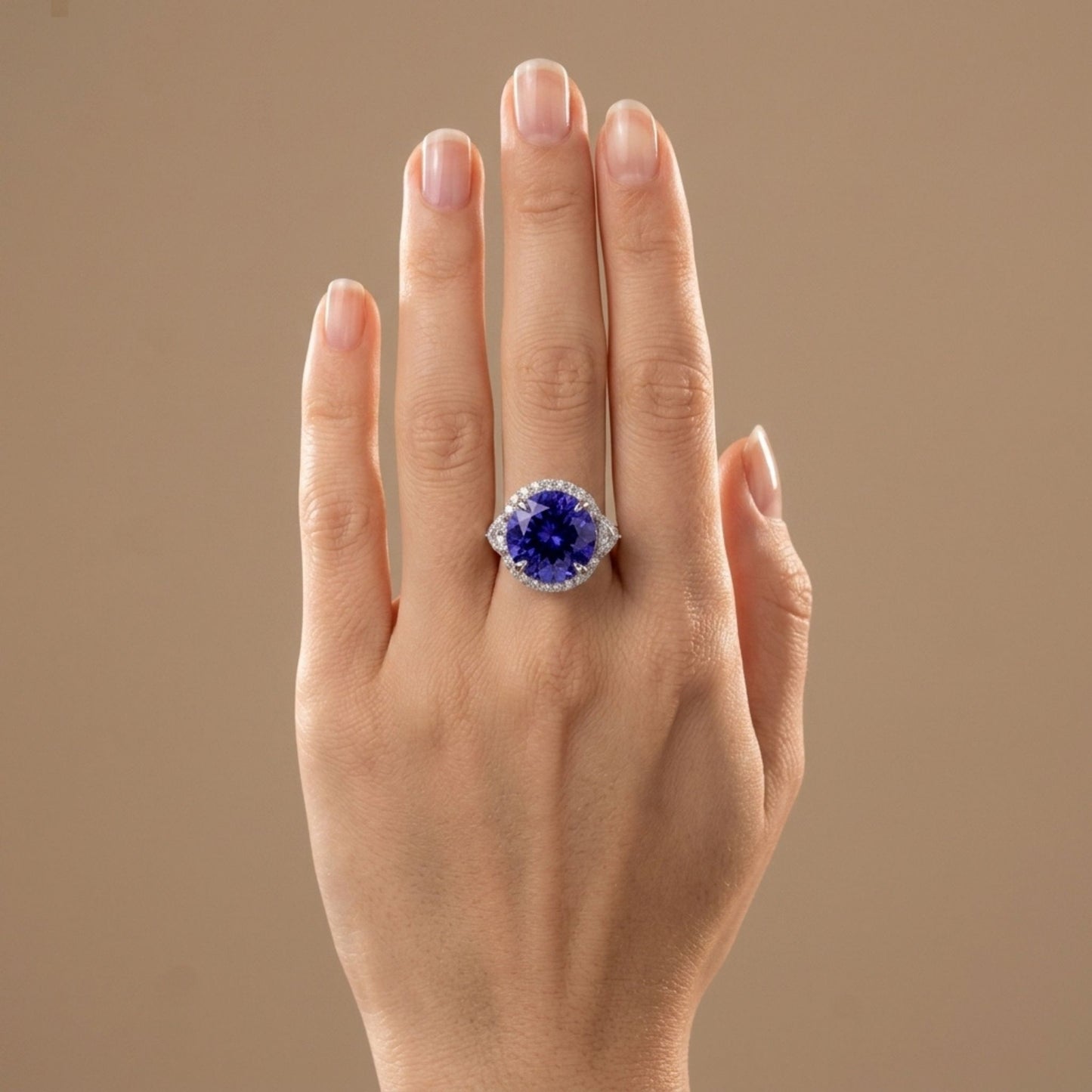 14K 9.09ct Round Blue Wing Tanzanite 0.75cttw VS White Diamonds Ring