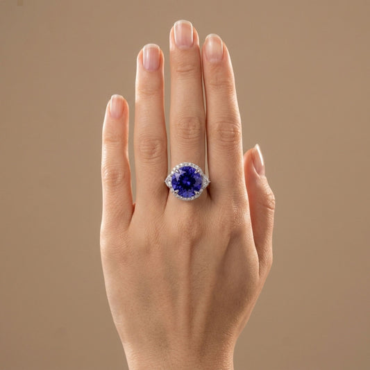 14K 9.09ct Round Blue Wing Tanzanite 0.75cttw VS White Diamonds Ring