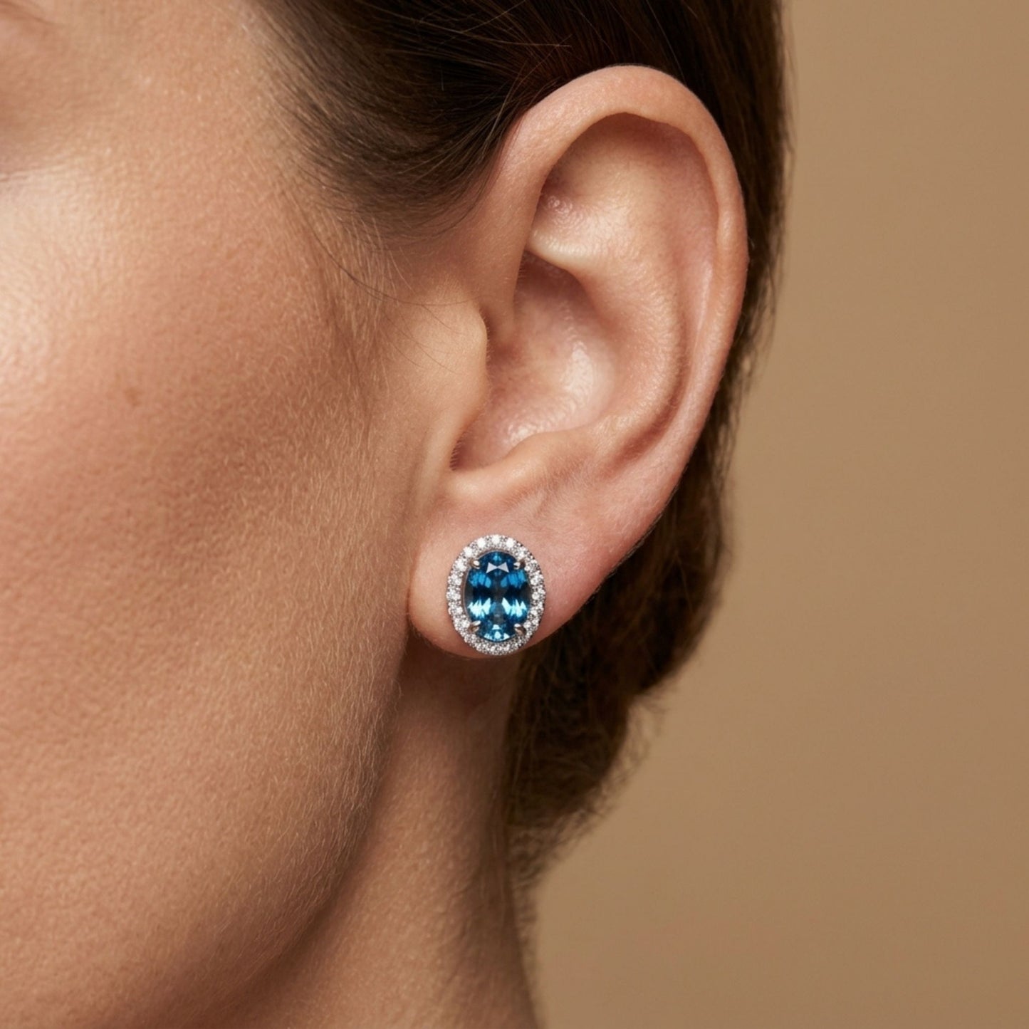 14K 3.42cttw Oval Blue Zircon 0.40cttw White Diamonds Stud Earrings