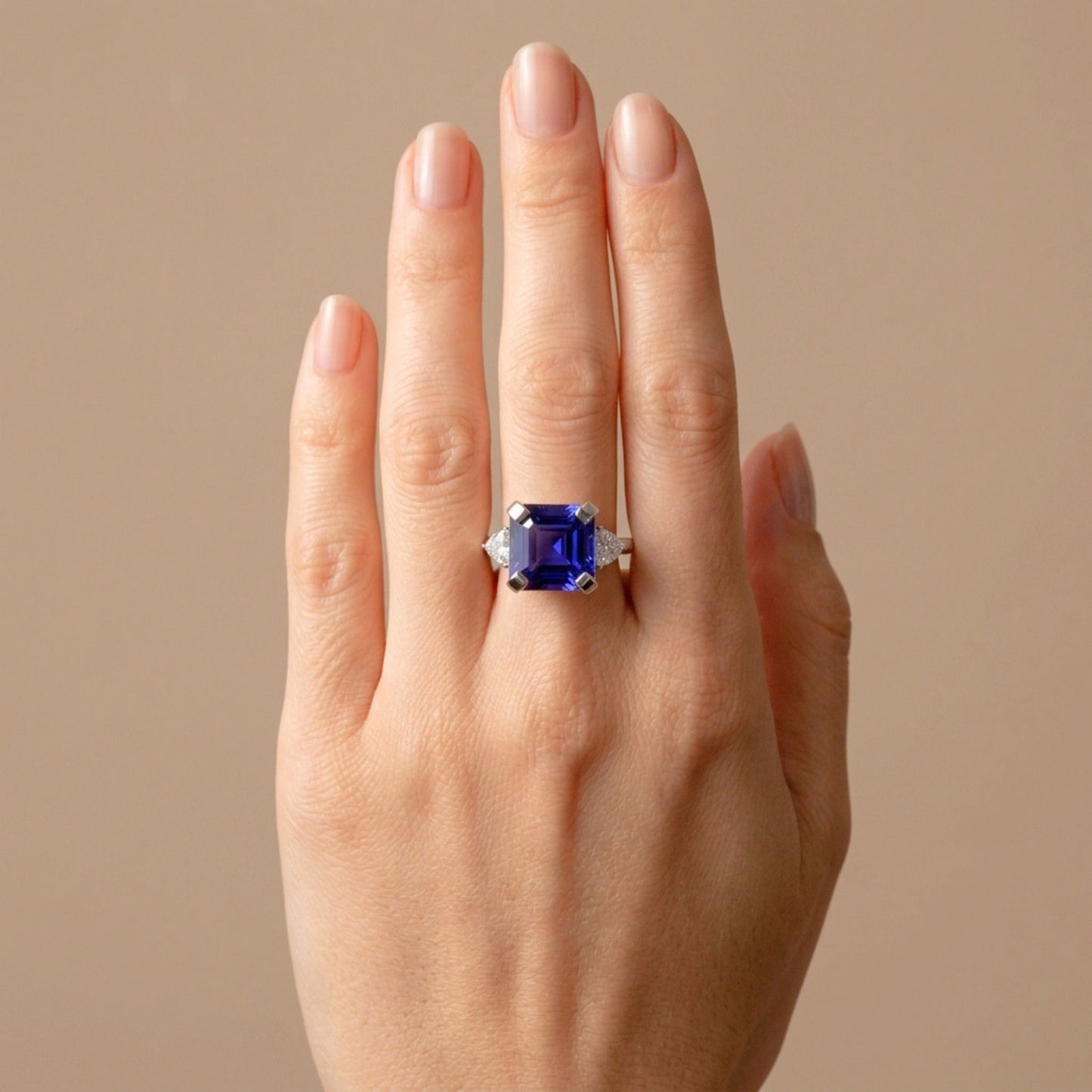 14K 6.28ct Asscher Cut Blue Wing Tanzanite 0.35cttw VS White Diamond Ring