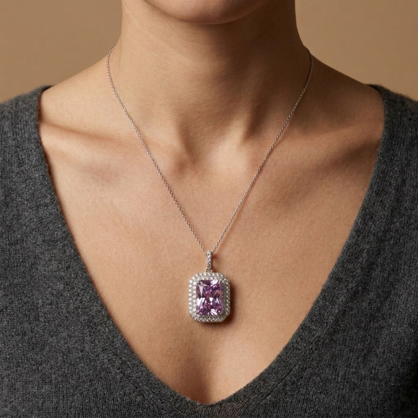 18K 4.01ct Radiant Cut Kunzite 0.62cttw White Diamonds Pendant