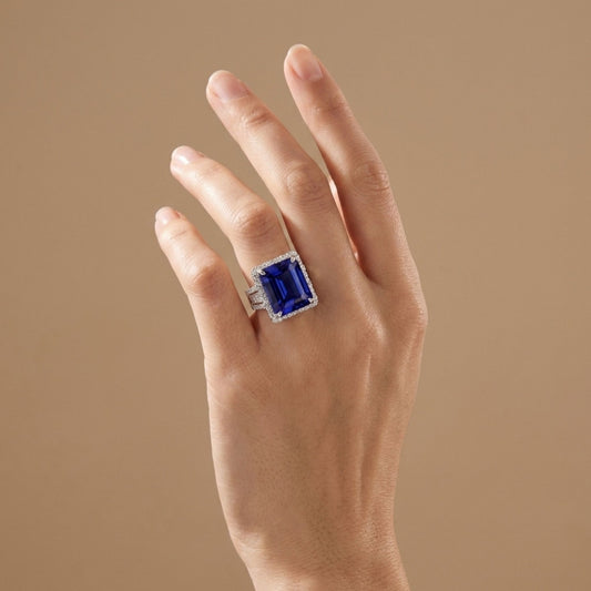 14K 15.25ct Emerald Cut Blue Wing Tanzanite 2.10cttw White Diamonds Ring