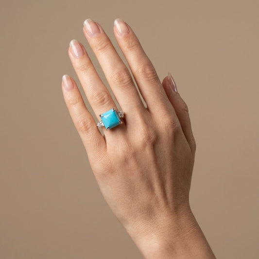 14K 4.74ct Square Sleeping Beauty Turquoise 0.50cttw VS White Diamonds Ring