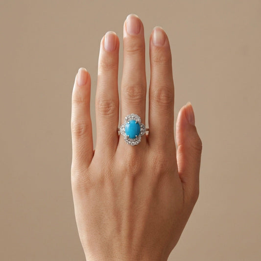 14K 1.86ct Oval Sleeping Beauty Turquoise 0.78cttw VS White Diamonds Ring