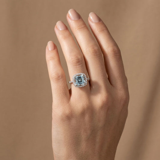14K 2.34ct Asscher Cut Santa Maria Aquamarine 0.42cttw VS White Diamonds Ring