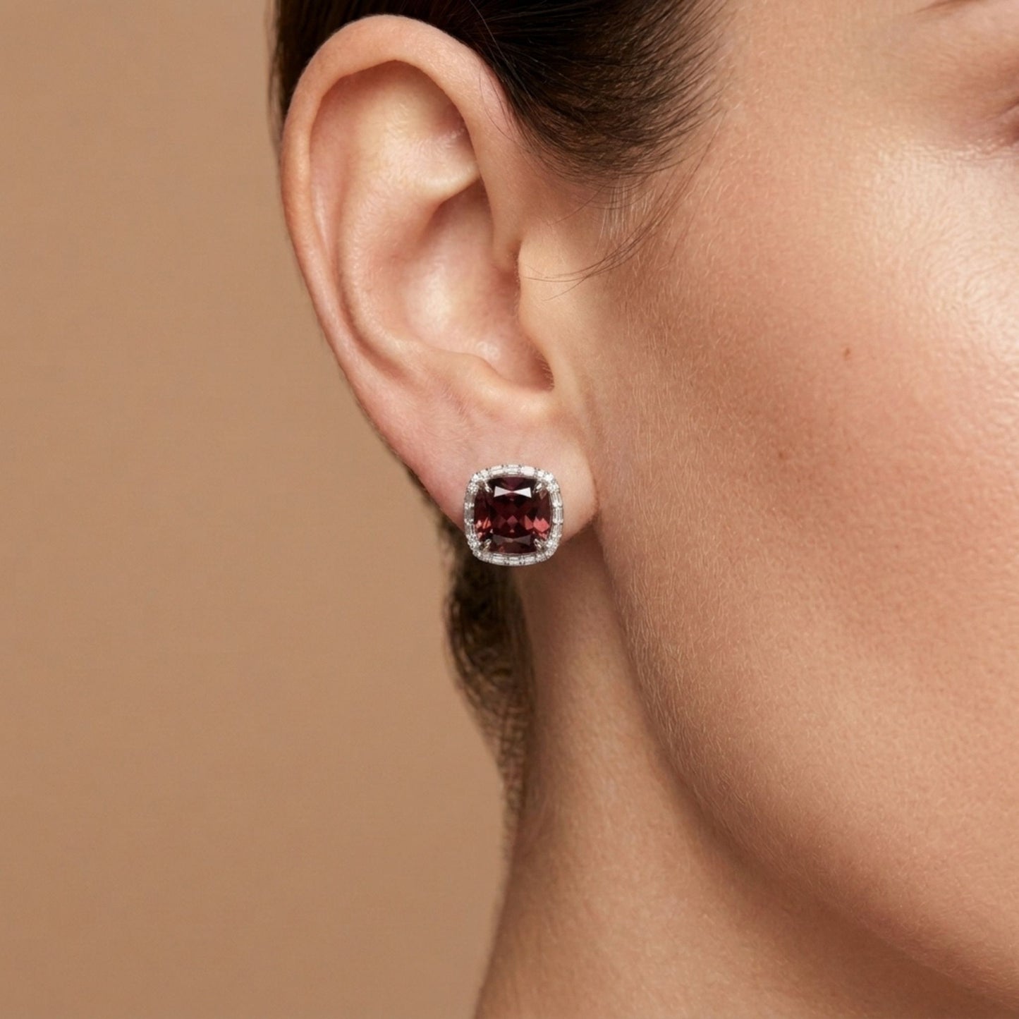 18K 6.94ct Cushion Pink Zircon 0.22cttw White Diamonds Stud Earrings