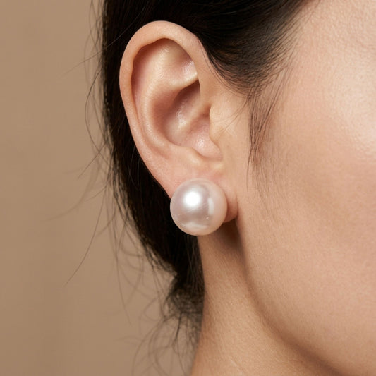 18K Round 13-14mm Freshwater White Pearl Stud Earrings
