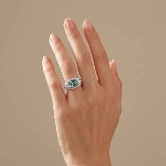 14K 3.20ct Cushion Vanadium Beryl 1.14cttw White Diamonds Ring