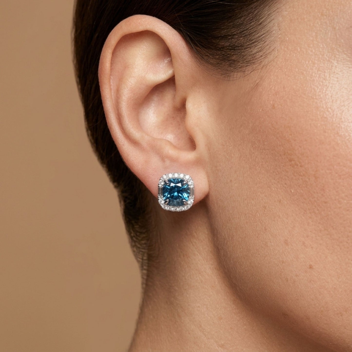 18K 5.81cttw Round Blue Zircon 0.88cttw White Diamonds Stud Earrings