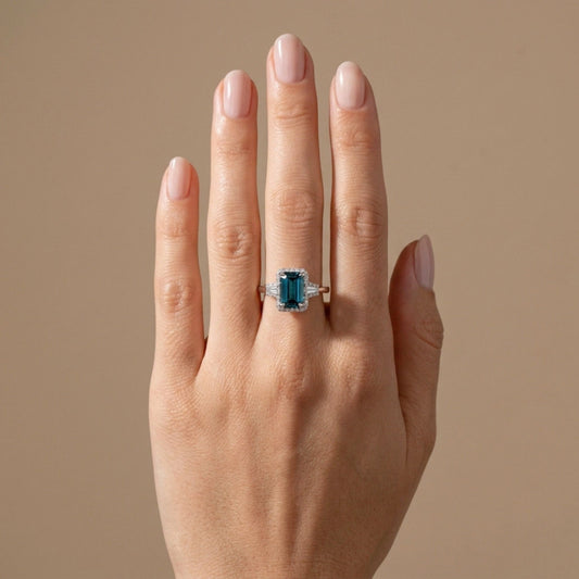 18K 1.29ct Emerald Cut Indicolite 0.31cttw White Diamonds Ring