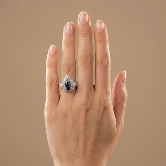 14K 1.52ct Pear Shape Indicolite 1.47cttw VS White Diamonds Ring