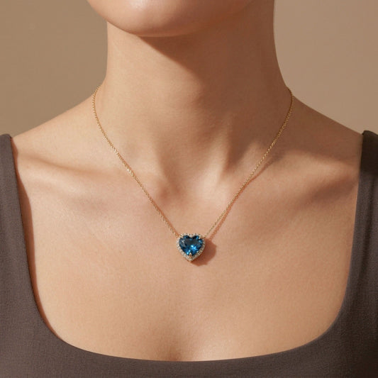 18K 9.18ct Heart Shape Blue Zircon 0.37cttw White Diamonds Necklace