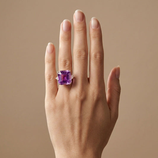 14K 21.45ct Asscher Cut Kunzite 0.37cttw Trilliant VS White Diamond Ring