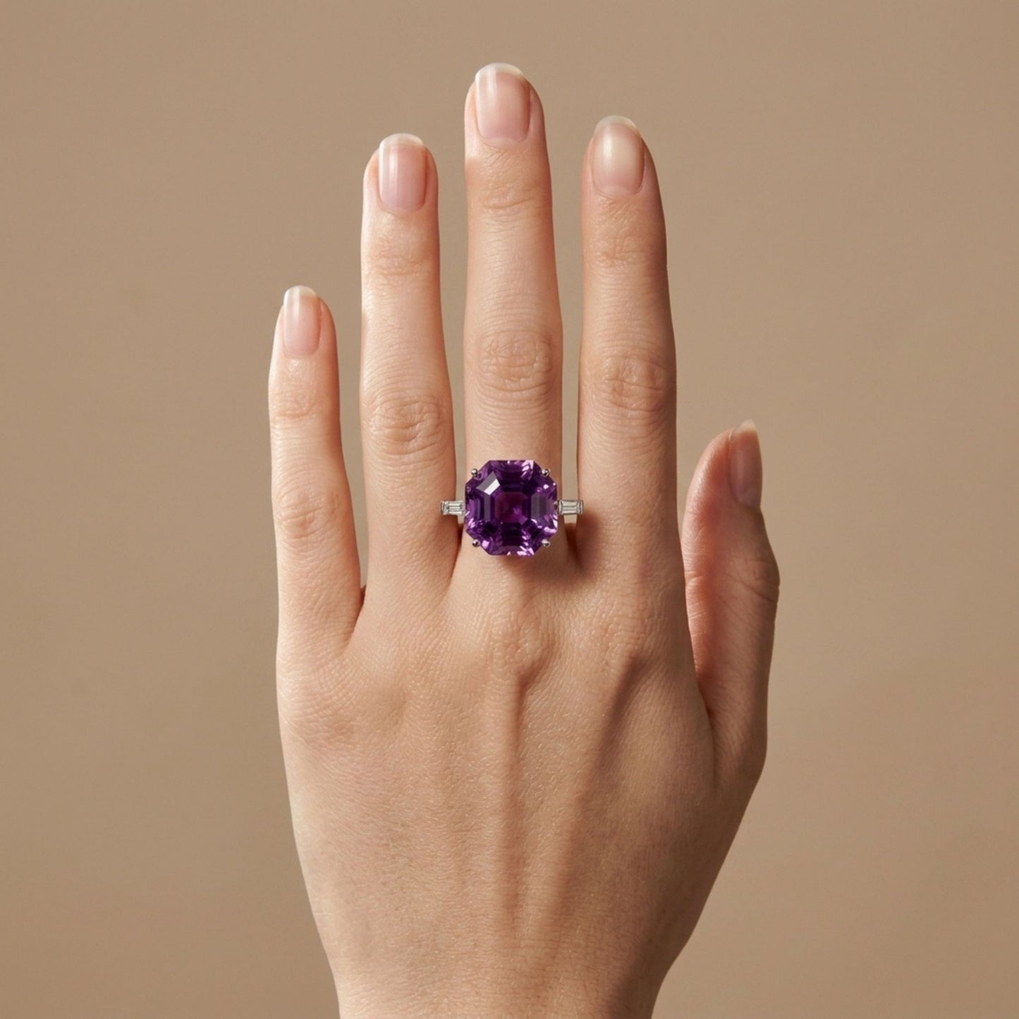 14K 19.58cttw Asscher Cut Kunzite 0.25cttw Baguette VS White Diamond Ring