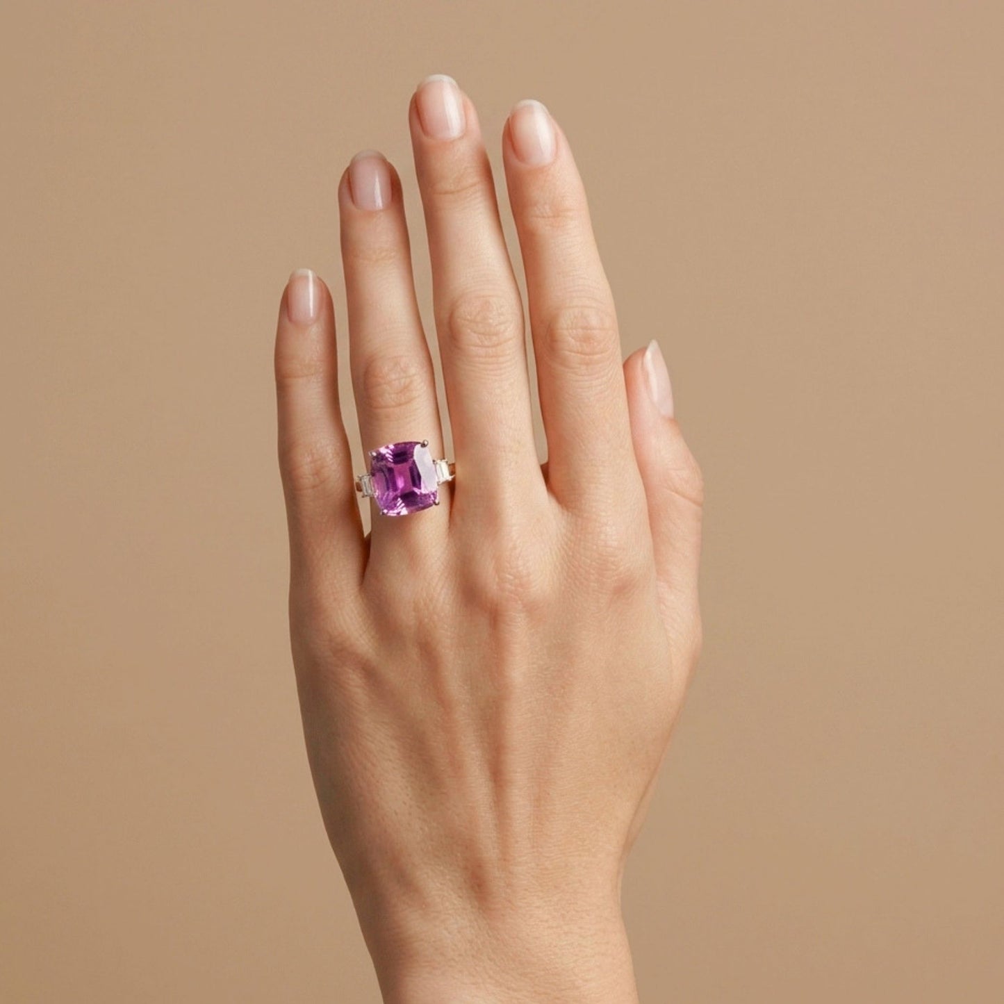 14K 13.49ct Cushion Kunzite 0.34cttw Baguette VS White Diamond Ring