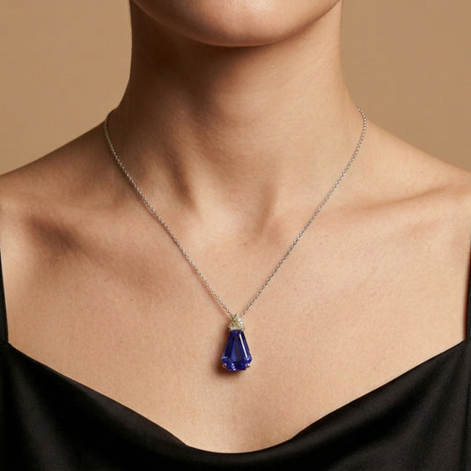 14K 3.75ct Fancy Cut Blue Wing Tanzanite 0.17ct Trilliant VS Yellow Diamond Pendant