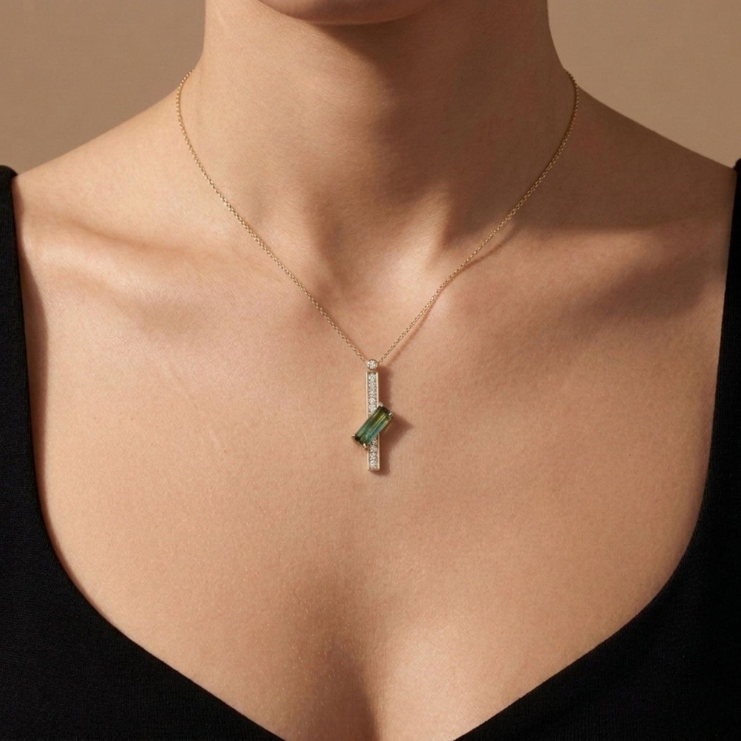 14K 1.19ct Baguette Bi-Color Paraiba 0.24cttw VS White Diamonds Pendant