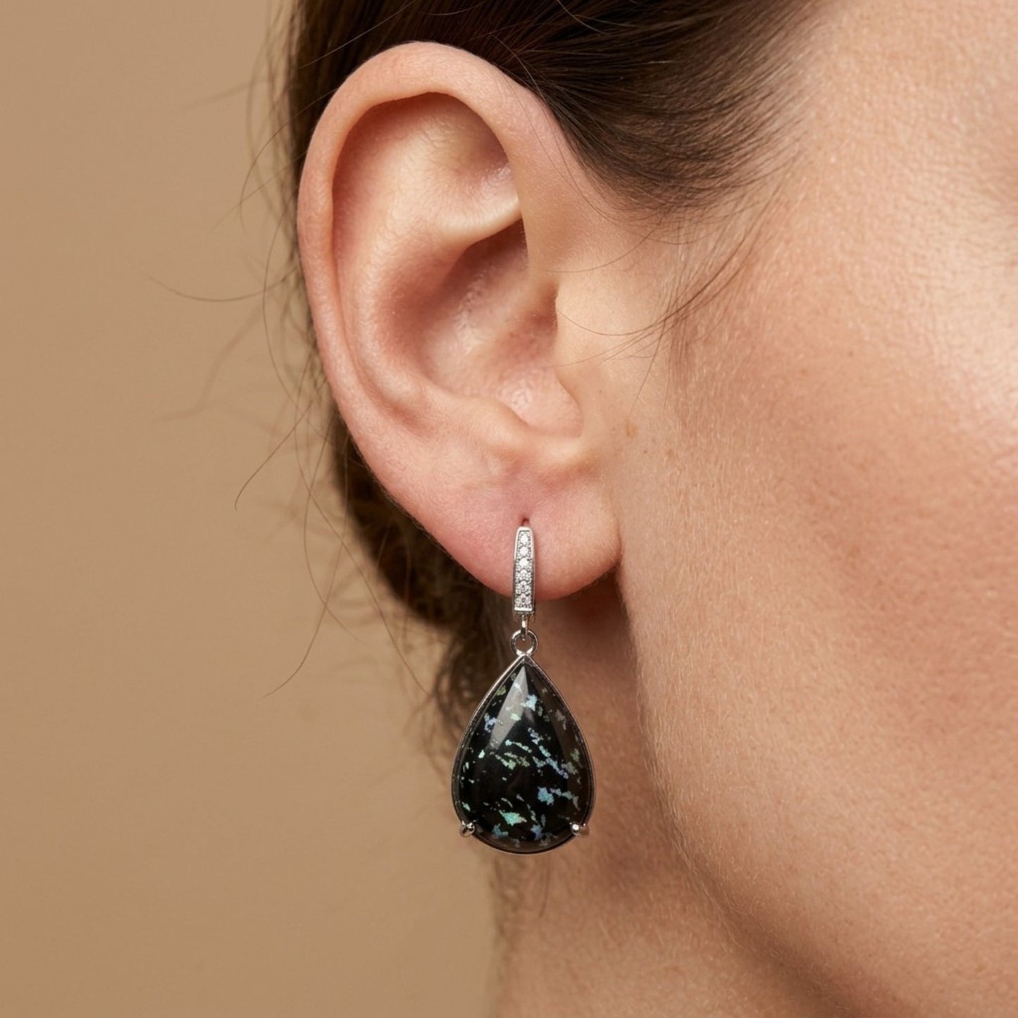 14K 18.70cttw Pear Shape Leopard Opal 0.07cttw VS White Diamonds Drop Earrings