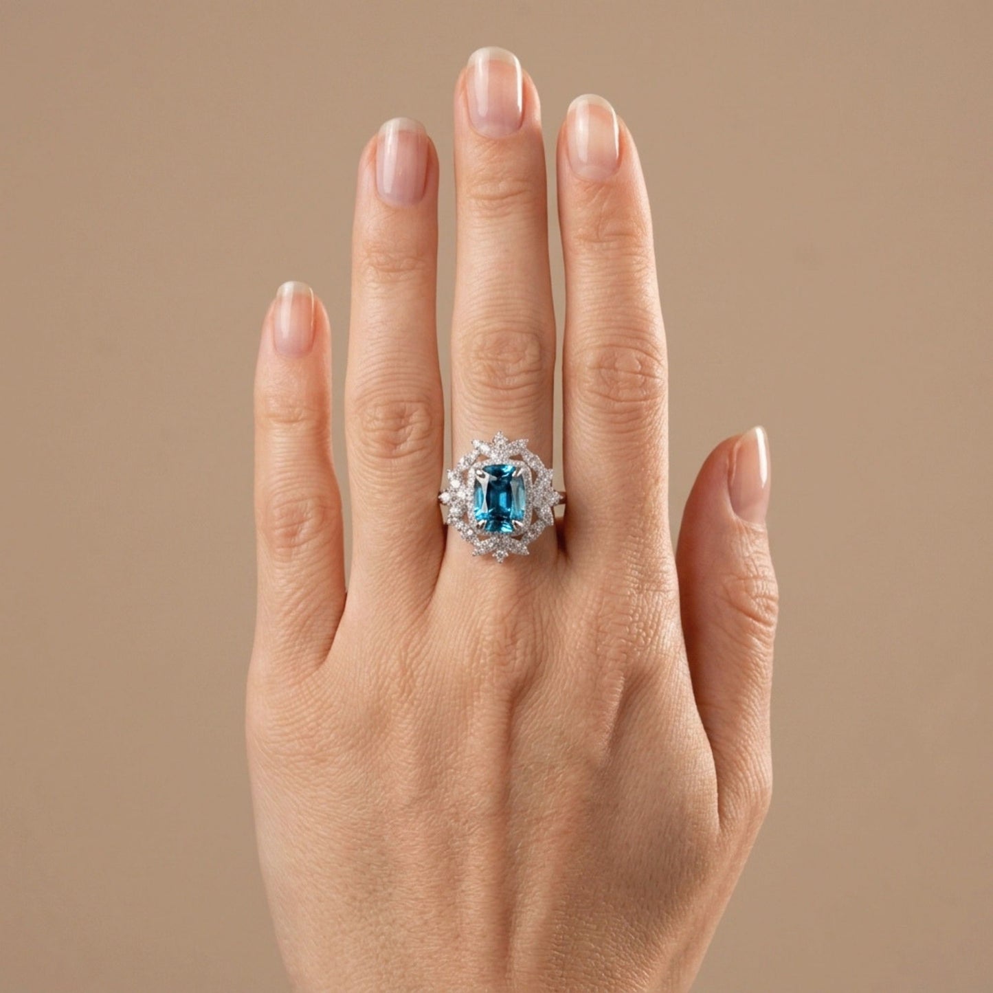 14K 3.50ct Cushion Blue Zircon 0.76cttw VS White Diamonds Ring