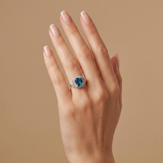 14K 3.12ct Emerald Cut Blue Zircon 0.46cttw VS White Diamonds Ring