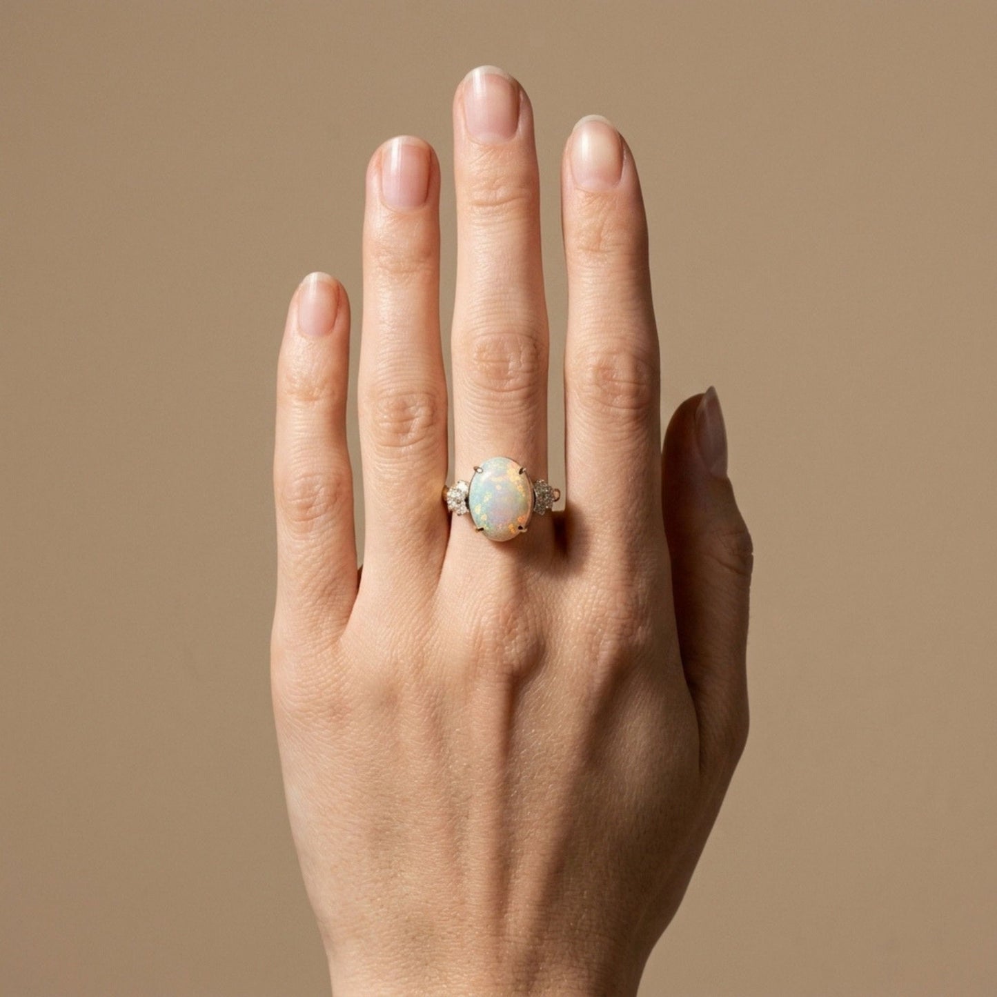 14K 3.21ct Oval Australian Opal 0.44cttw White Diamonds Ring
