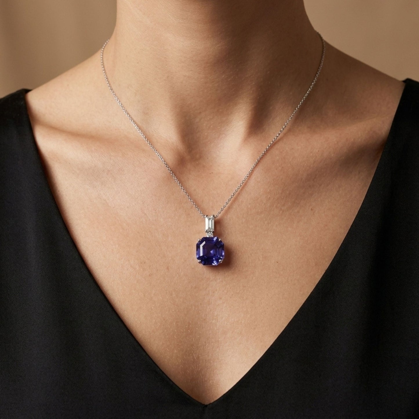 14K 2.86ct Fancy Cut Blue Wing Tanzanite 0.18cttw Baguette VS White Diamond Pendant