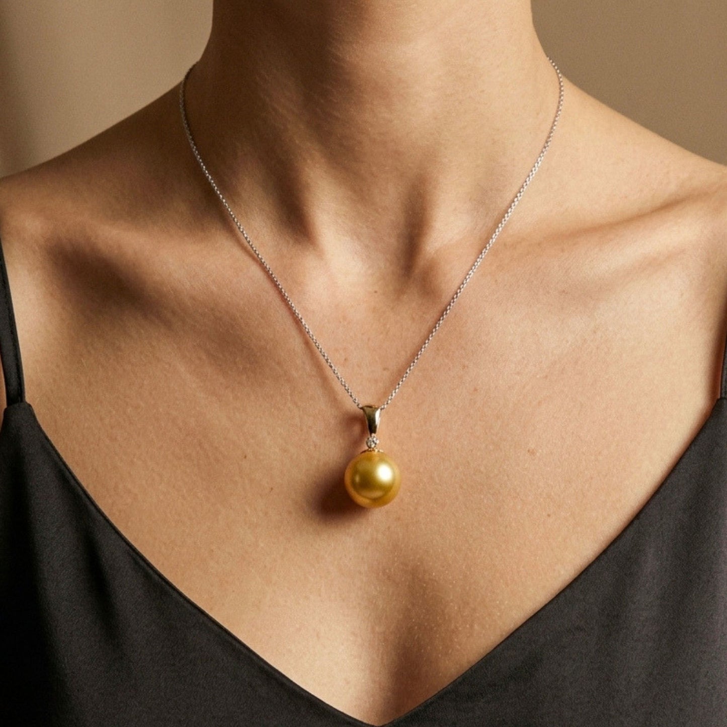 14K 12mm South Sea Golden Pearl 0.01ct VS White Diamond Pendant