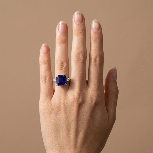 14K 13.02ct Asscher Cut Blue Wing Tanzanite 0.65cttw White Diamonds Ring