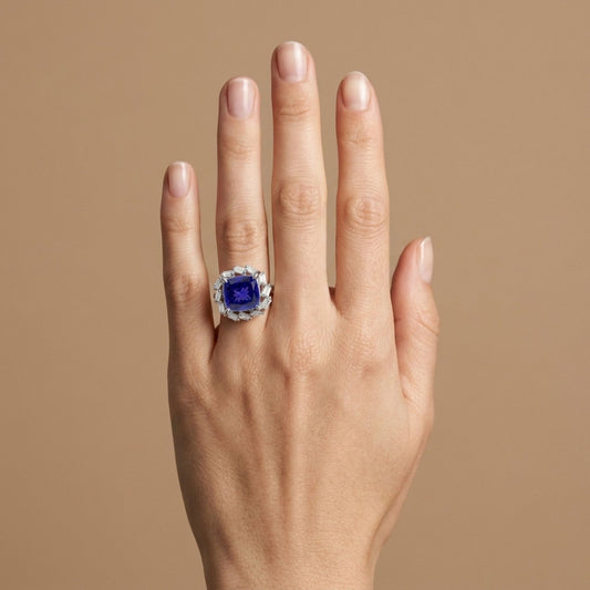 14K 9.32ct Cushion Blue Wing Tanzanite 1.15cttw VS White Diamonds Ring