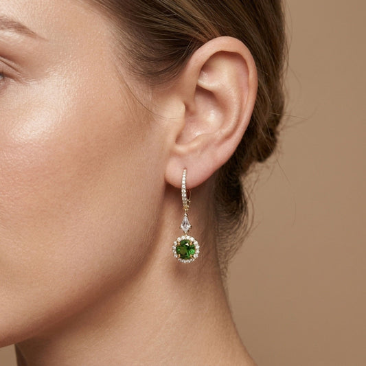 18K 1.03cttw Round Russian Demantoid 0.50cttw VS White Diamonds Drop Earrings
