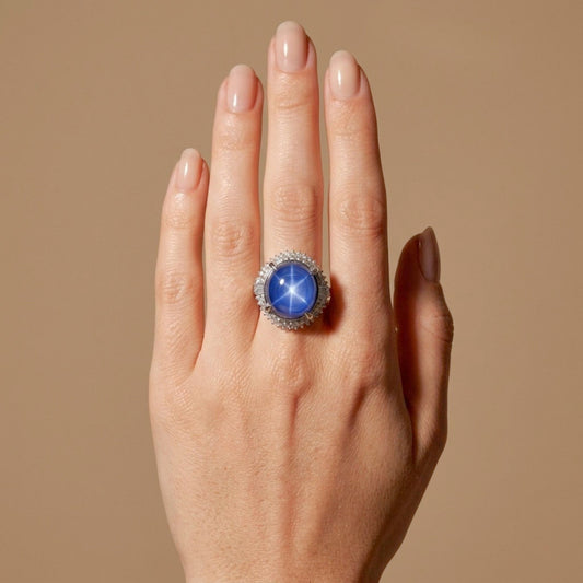 Platinum 24.12ct Oval Star Sapphire 0.87cttw White Diamonds Ring