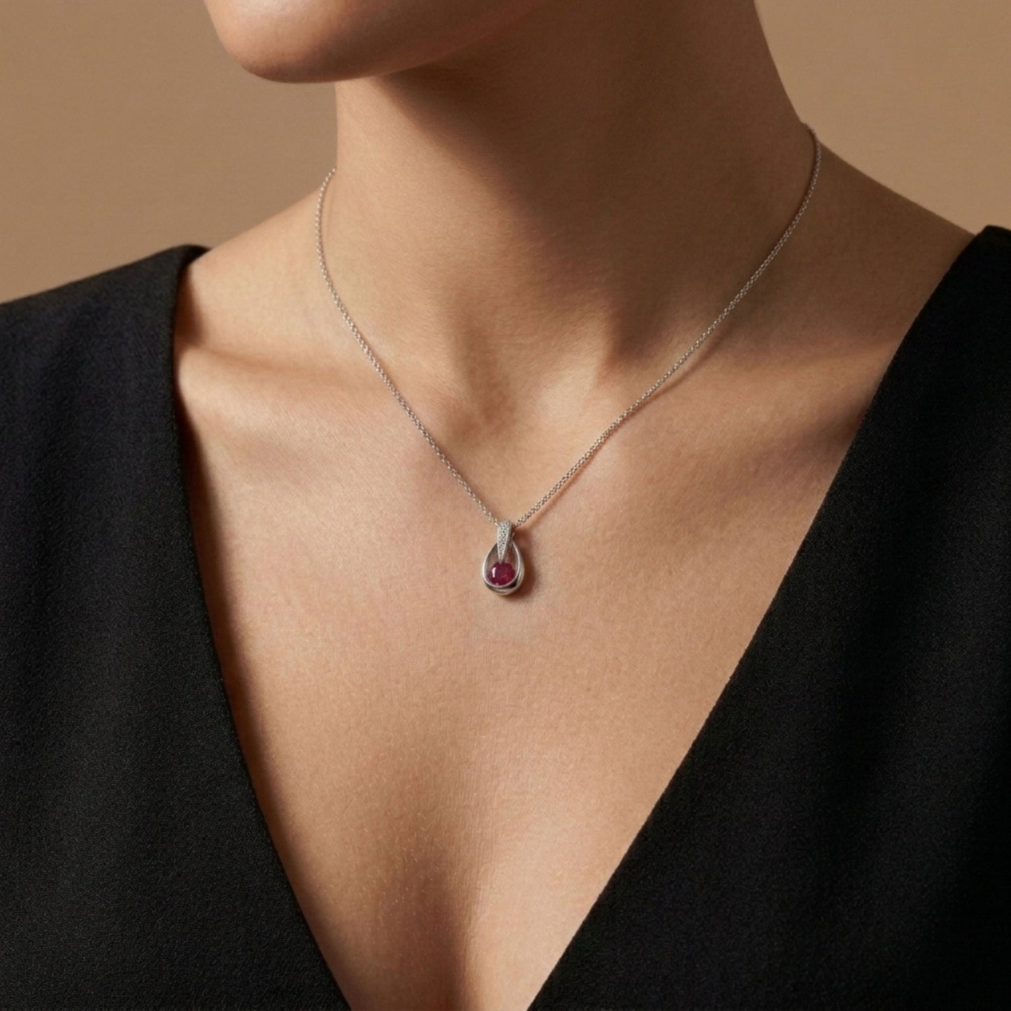 Platinum 0.56ct Oval Ruby 0.05cttw White Diamonds Necklace
