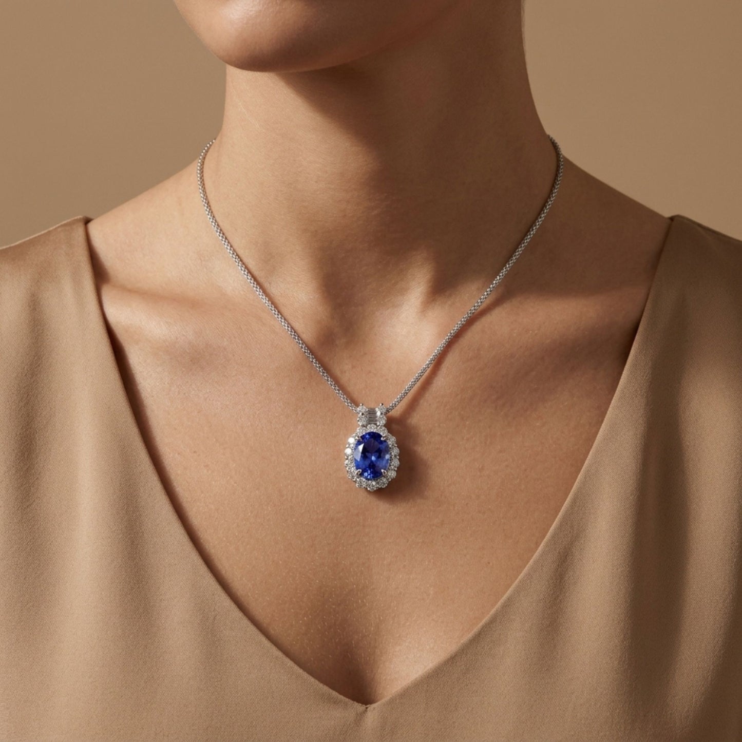 Platinum 2.96ct Oval Blue Wing Tanzanite 1.10cttw White Diamonds Necklace