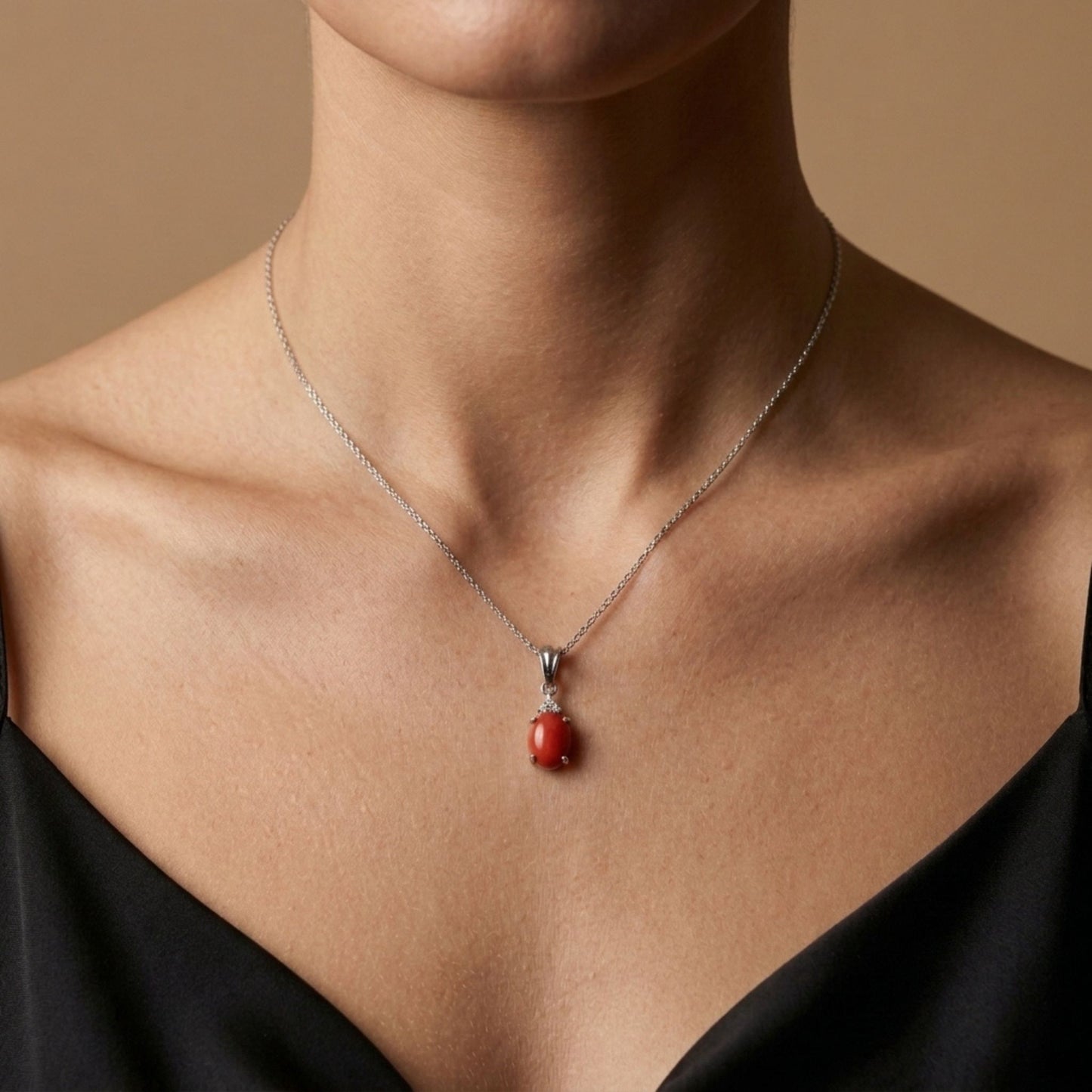 14K 0.56ct Oval Coral 0.03cttw White Diamonds Pendant