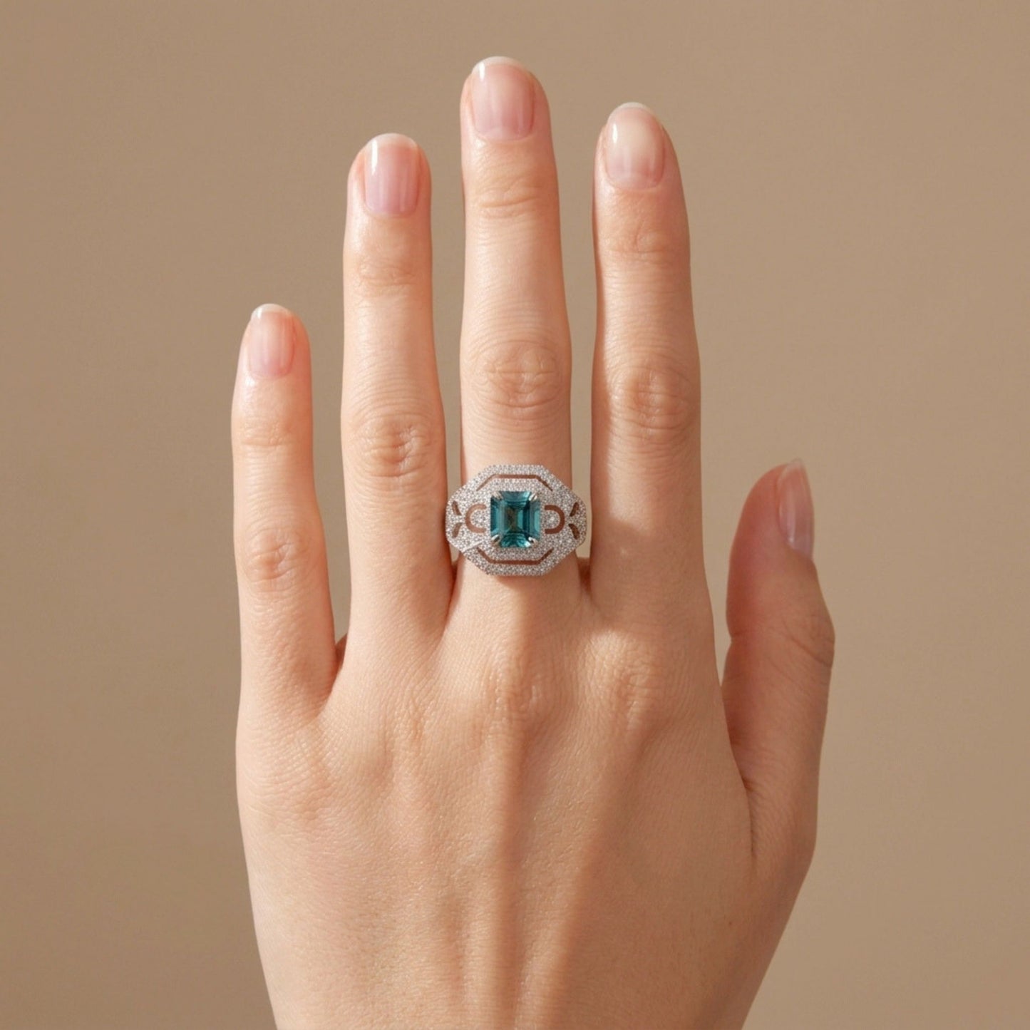 14K 2.61ct Emerald Cut Blue Zircon 0.43cttwVS White Diamonds Ring