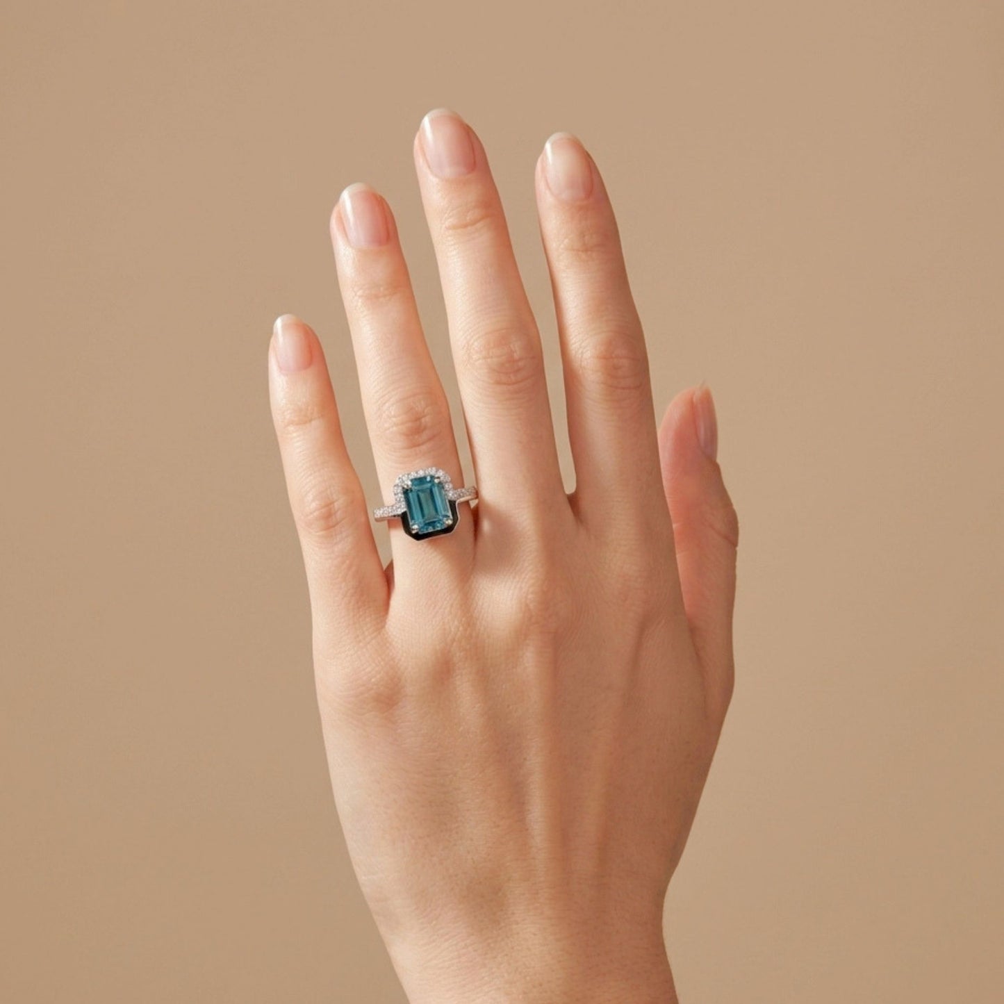 14K 2.97ct Emerald Cut Blue Zircon 0.22cttw VS White Diamonds Ring