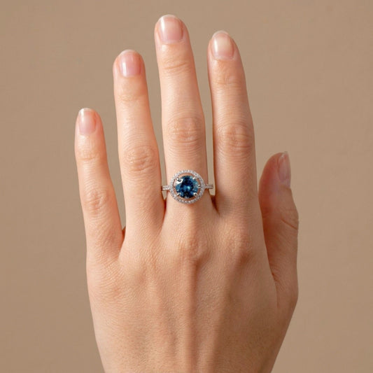 14K 3.02ct Round Blue Zircon 0.43cttw VS White Diamonds Ring