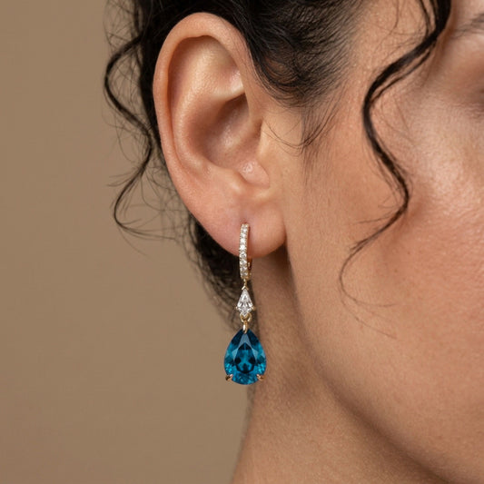 18K 4.87cttw Pear Shape Blue Zircon 0.38cttw VS White Diamonds Drop Earrings