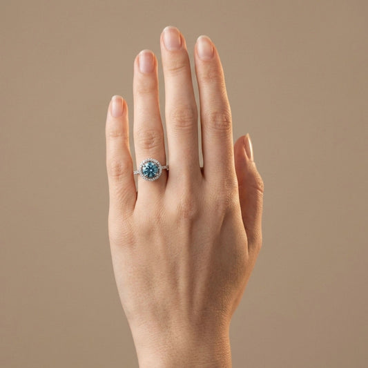 14K 2.38ct Round Blue Zircon 0.40cttw VS White Diamonds Ring