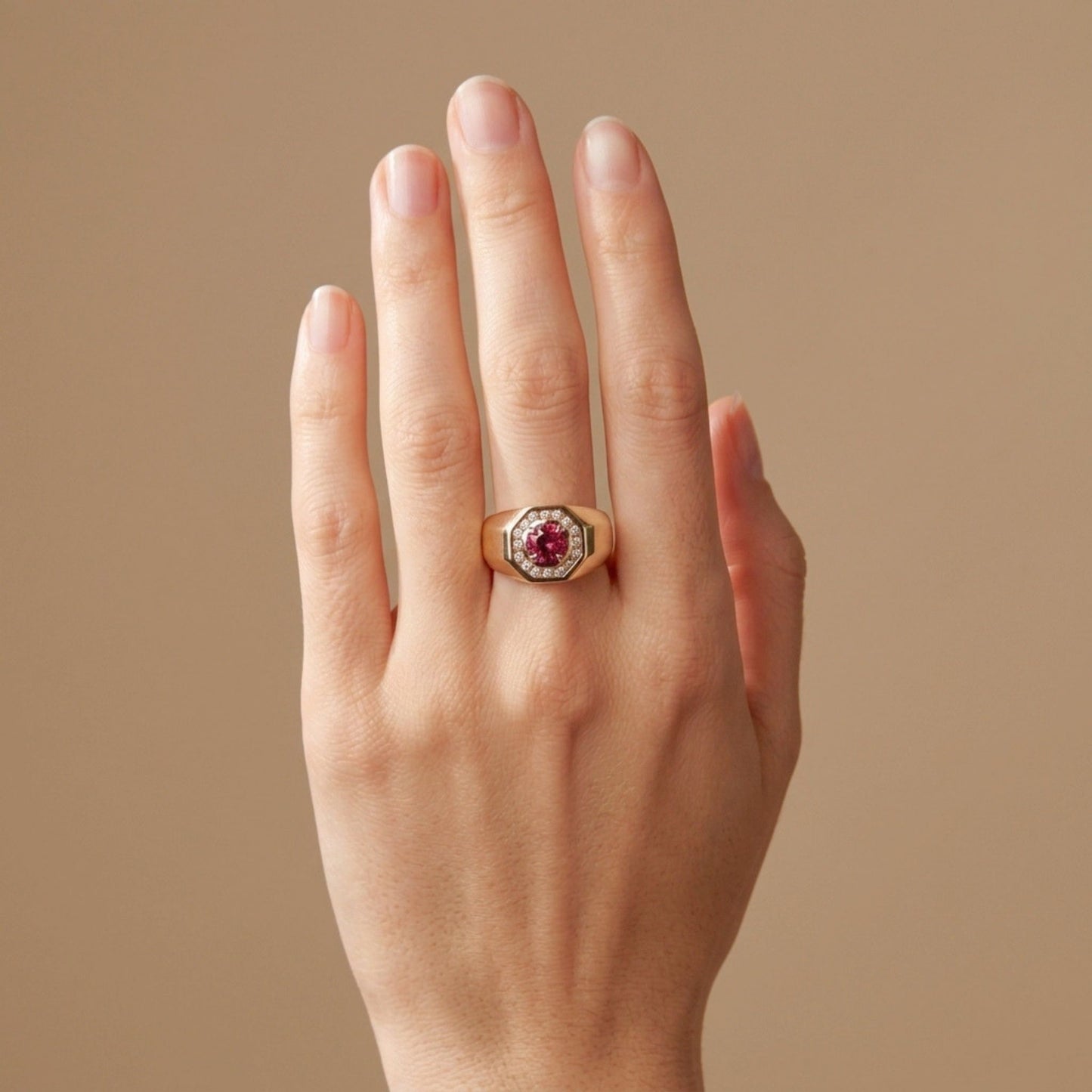 14K 1.06ct Round Rubellite 0.33cttw VS White Diamonds Men's Ring