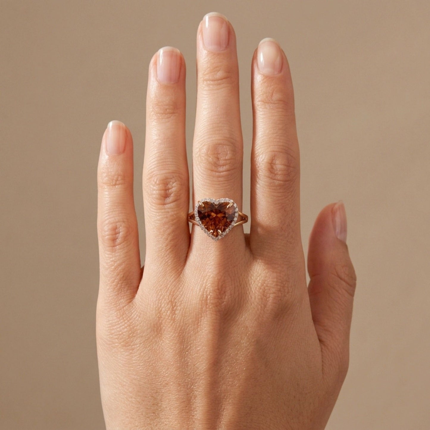 14K 6.27ct Heart Shape Cognac Zircon 0.35cttw VS White Diamonds Ring