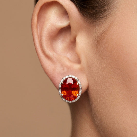 18K 3.62cttw Oval Fire Opal 0.23cttw VS White Diamonds Stud Earrings