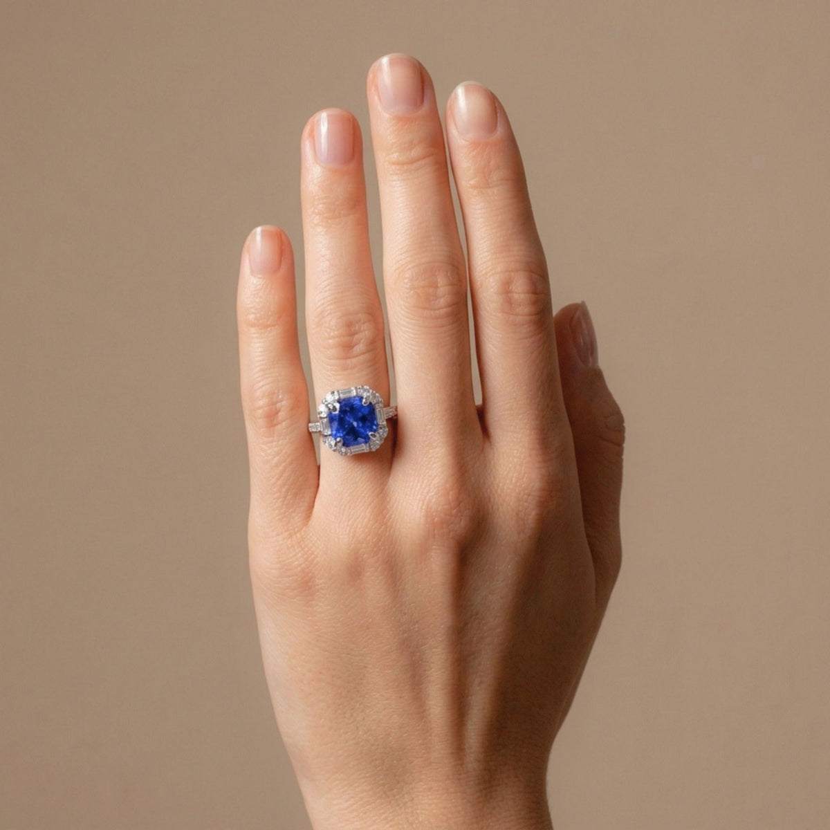 14K 1.66ct Cushion Blue Wing Tanzanite 0.40cttw VS White Diamonds Ring