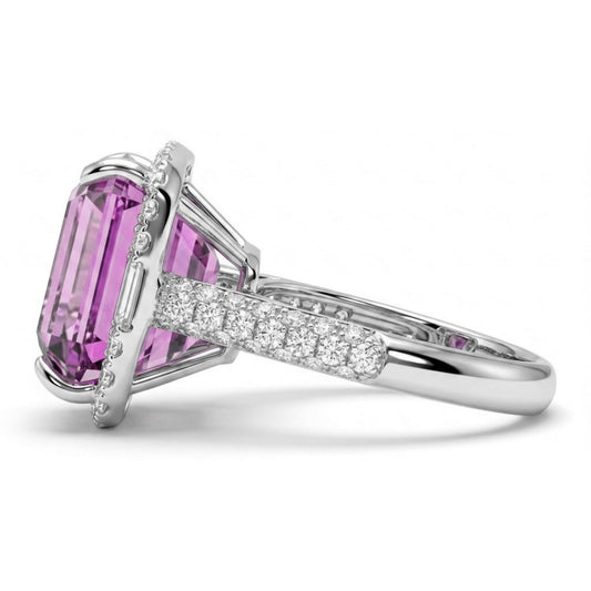 18K 11.15ct Emerald Cut Kunzite 1.10cttw VS White Diamonds Ring