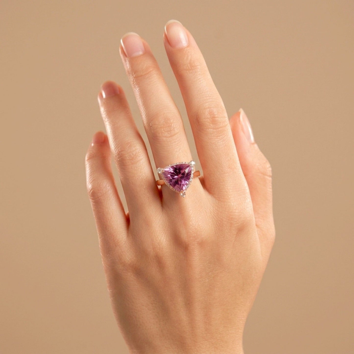 14K 8.40ct Trilliant Kunzite 0.68cttw VS White Diamonds Ring