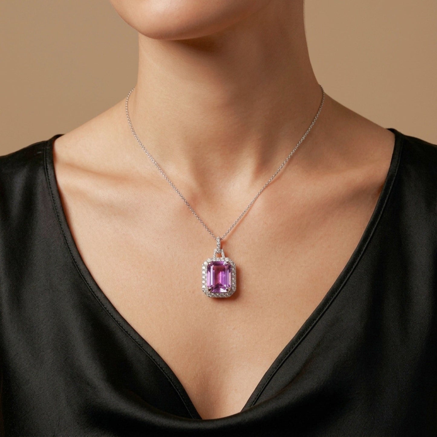 18K 6.74ct Emerald Cut Kunzite 0.55cttw VS White Diamonds Pendant