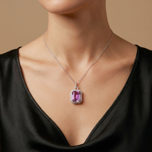 18K 6.74ct Emerald Cut Kunzite 0.55cttw VS White Diamonds Pendant