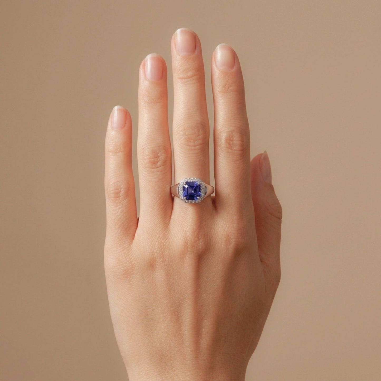 14K 2.70ct Asscher Cut Blue Wing Tanzanite 0.32cttw VS White Diamonds Ring