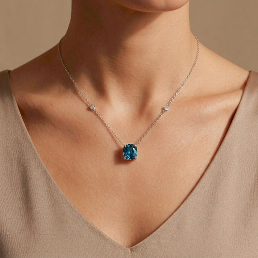 14K 2.76ct Cushion Blue Zircon 0.03cttw VS White Diamonds Necklace