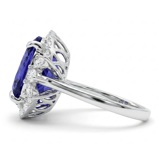 14K 9.15ct Oval Blue Wing Tanzanite 0.98ct VS White Diamonds Ring